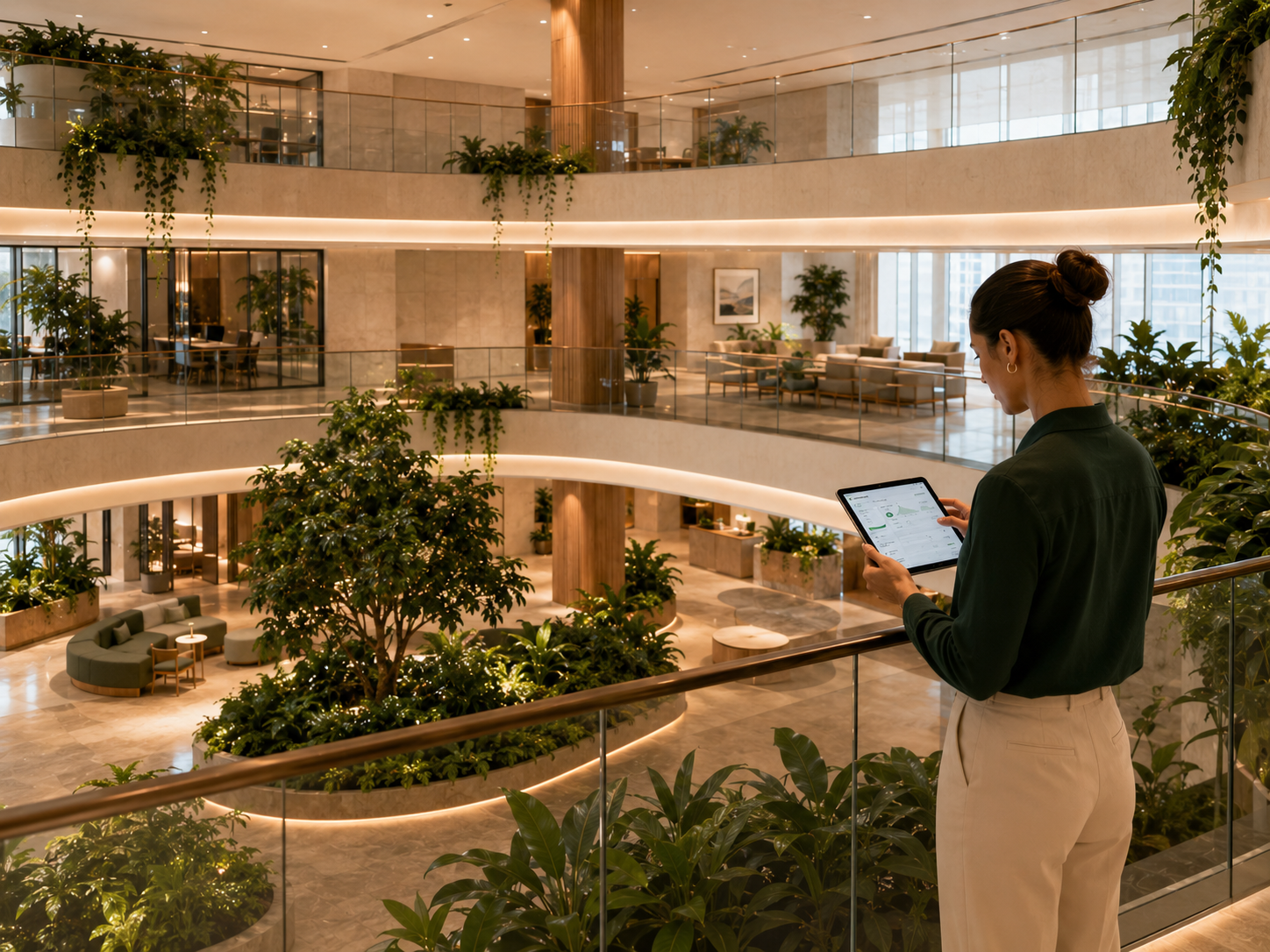 Interior plant technician reviewing an atrium display maintained across a client site.