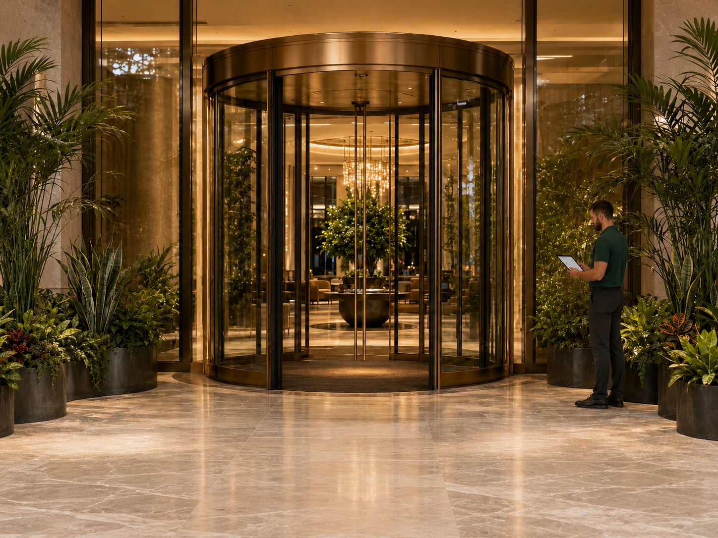 Plant service technician checking palms at a client entrance during a route visit.