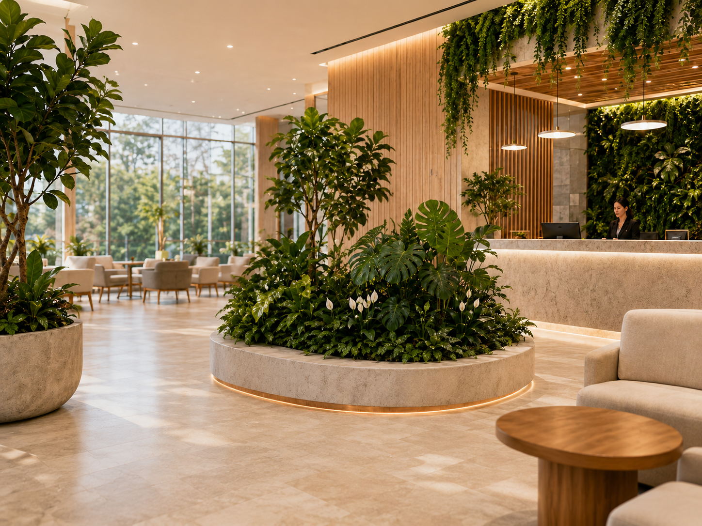 Bright interior lobby with living wall and planted display prepared for managed plant care.