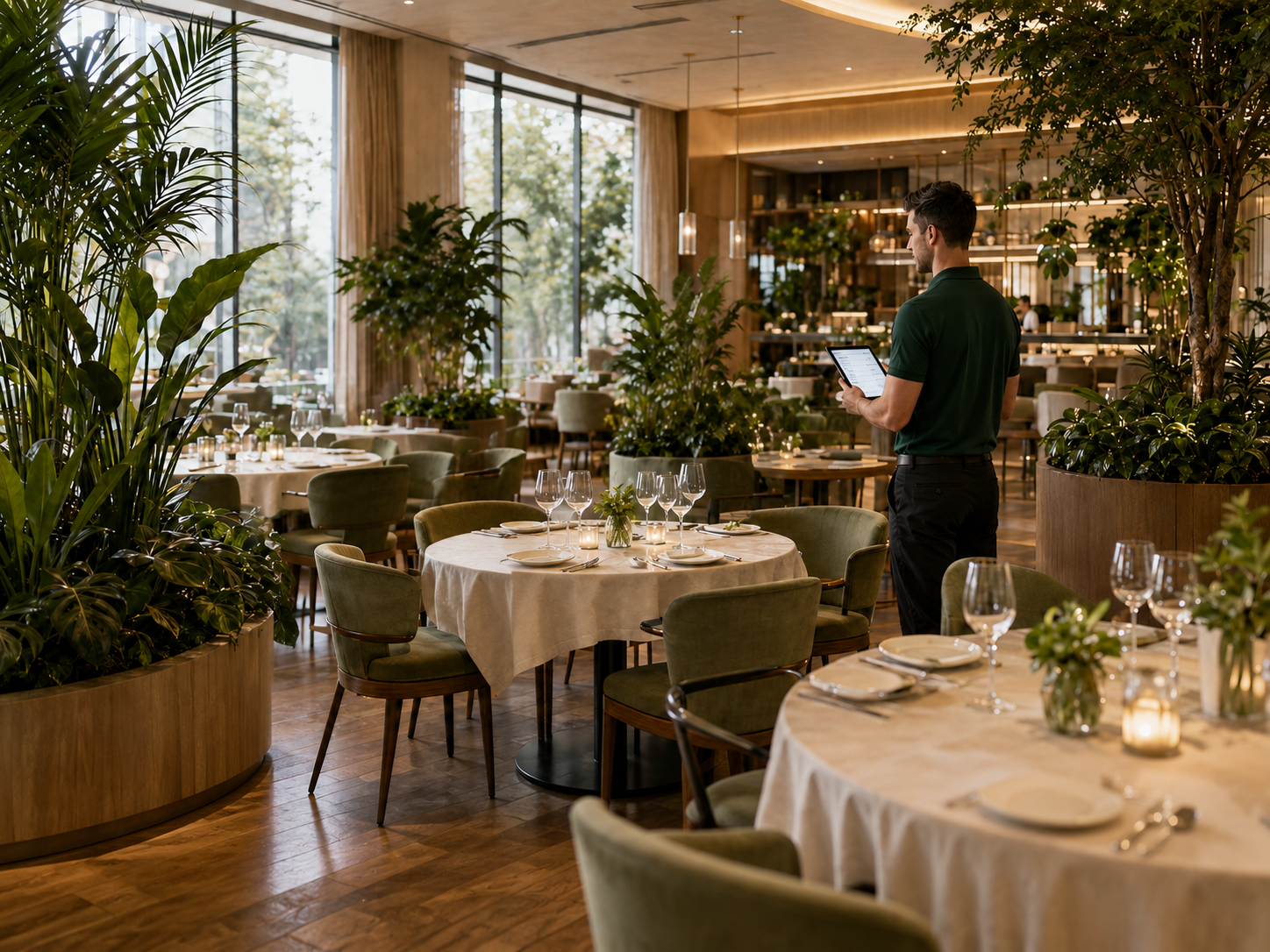 Plant service technician reviewing a dining room display at a site on the route.